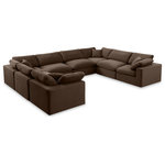 Meridian Furniture - Comfy Upholstered U-Shaped Modular Sectional, Brown, 8-Piece: 4 Armless Chair, 4 Corner Chair, Velvet - Give your space a whole new look with this brown Comfy velvet sectional. This handsome sectional fits nicely with other items in the Comfy collection and is a versatile seating option designed for adaptability, comfort and style. Wrapped in rich brown durable velvet upholstery, this sectional offers a plush embrace of overstuffed down feather cushions, carefully crafted to deliver the highest level of comfort. The perfect seat for creating an oasis for relaxation, this sectional has thick foam surrounding its frame for added support and coziness.