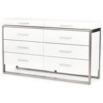 Michael Amini - Marquee Dresser - Cloud White - Complete the look of your modern bedroom with the Marquee Dresser, a piece that will redefine your perception of bedroom design. This dresser seamlessly combines ample storage, a beautiful mix of glossy lacquer finish, and brushed stainless steel, making it the perfect addition to your contemporary living space. The glossy finish adds a touch of elegance and sophistication, creating a luminous and pristine surface that contributes to the overall modern aesthetic. Brushed stainless steel details provide a sleek contrast, adding a contemporary and luxurious touch to the design. The dresser becomes a statement piece that goes beyond aesthetics, enhancing both the visual appeal and functionality of your bedroom.