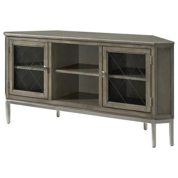 Corner TV Stand, Hardwood Frame and Diamond Patterned Glass Doors, Silver/Gray