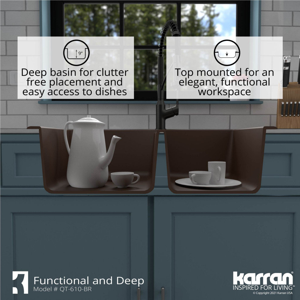 Karran Drop-In Quartz 33" 1-Hole 60/40 Double Bowl Kitchen Sink, Brown