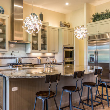 White kitchen gray island flat panel doors - mitered shaker style