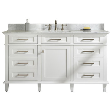 60" White Finish Single Sink Vanity Cabinet With Carrara White Top