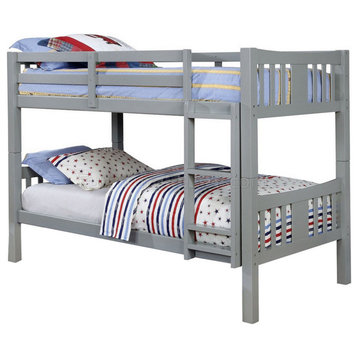 Benzara BM217748 Slatted Twin Over Twin Bunk Bed with Attached Ladder, Gray
