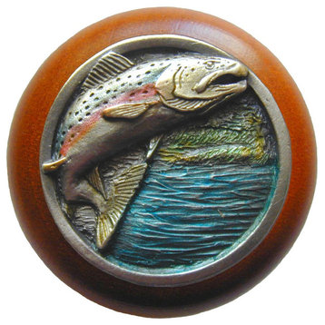 Leaping-Trout Cherry Wood Knob, Hand-Tinted Pewter