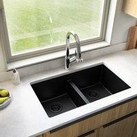 Karran 32" Undermount Double Bowl 50/50 Quartz Kitchen Sink Kit, Black