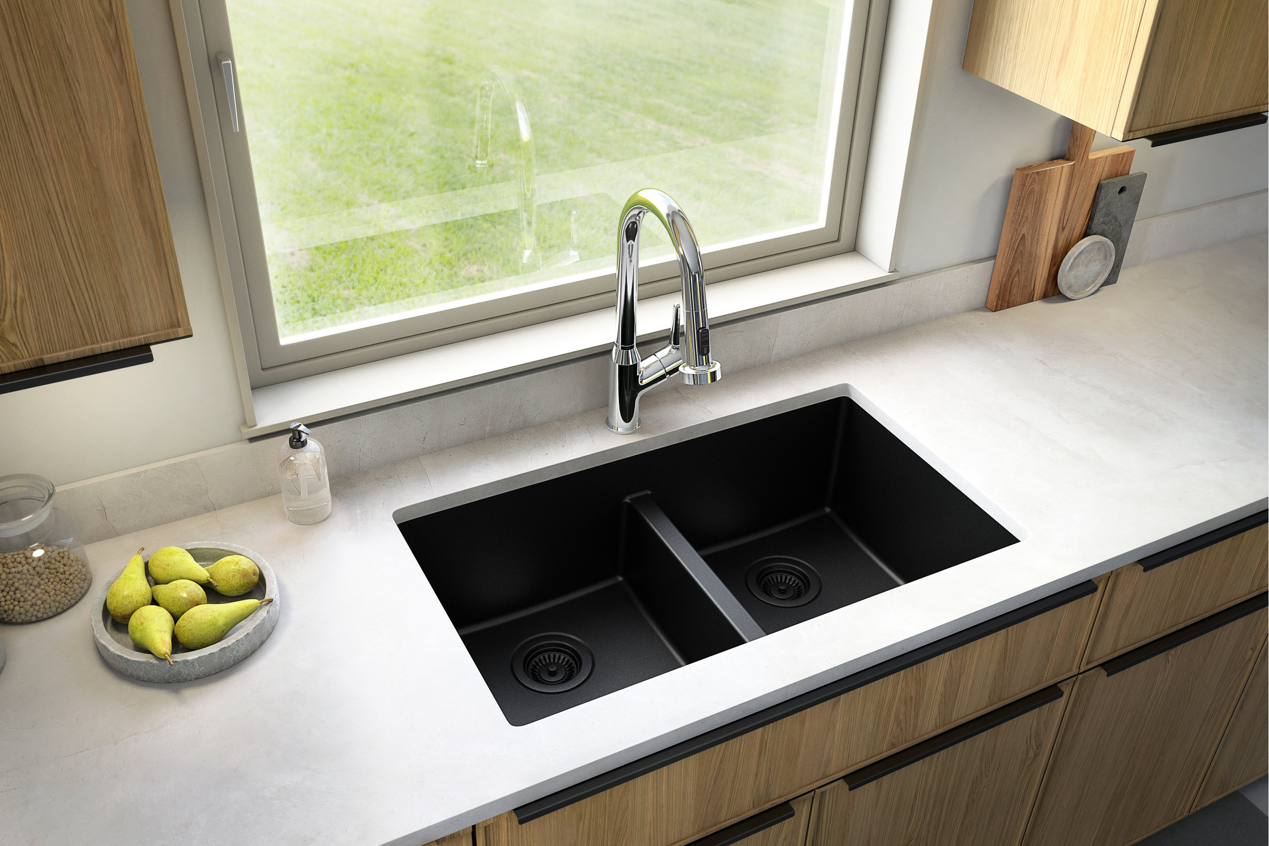 Karran 32" Undermount Double Bowl 50/50 Quartz Kitchen Sink Kit, Black