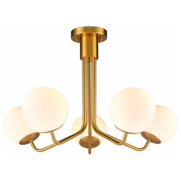Mid-Century Modern Gold Ceiling Light Globe Chandelier, 5-Light