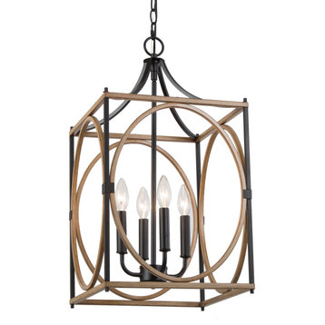 LNC Farmhouse 4-Light Sqaure Black Cage Chandelier With Wood Tone Finish