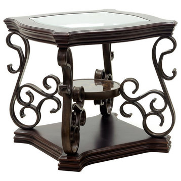 Classic End Table, Unique Scrollwork Legs & Wooden Frame With Clear Glass Top