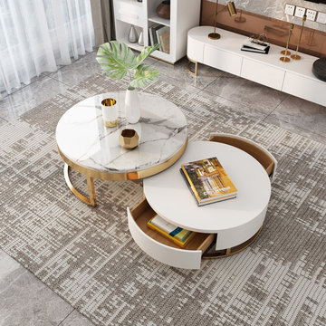 Modern Round Sintered Stone Nesting Wood Coffee Table with Drawers in White