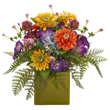 Mixed Floral Artificial Arrangement, Green Vase