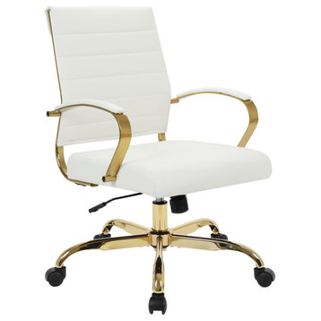 LeisureMod Benmar Mid-Back Swivel Leather Office Chair With Gold Base, White