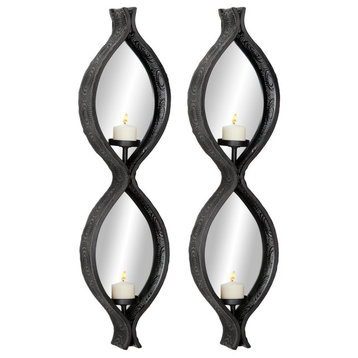 Eclectic Figure Eight Black Mesh Metal Wall Sconce With Mirrors, Set of 2