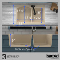 Karran Drop-In Quartz 33" 1-Hole 60/40 Double Bowl Kitchen Sink, Bisque