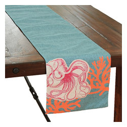 Xia Home Fashions - Applique Octopus With Print Coral Coastal Table Runner, 13.5"x72" - Table Runners