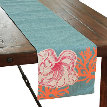 Applique Octopus With Print Coral Coastal Table Runner, 13.5"x72"
