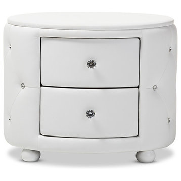 Davina Hollywood Glamour Oval 2-Drawer Faux Leather Upholstery Nightstand, White