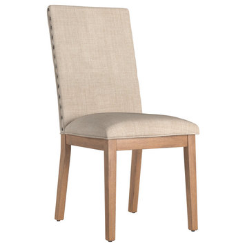 Set of 2 Dining Chair, Cushioned Linen Seat With Nailheaded Backrest, Beige
