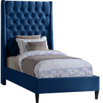 Meridian Furniture - Fritz Velvet Upholstered Bed, Navy, Twin - Count on this Fritz velvet bed to bring a modern look to life in your bedroom sanctuary. This lovely bed features soft navy velvet upholstery for a sumptuously elegant feel and an upscale look. The extra-tall headboard lends your space an element of drama, and the brass nail-head trim accentuate the sophisticated demeanor of this modern bed. Tufting on the wingback headboard helps keep its padding aloft while adding a textural design that draws the eye.