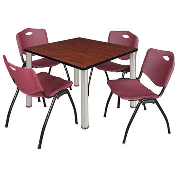 Kee 42" Square Breakroom Table, Cherry, Chrome and 4 'M' Stack Chairs, Burgundy