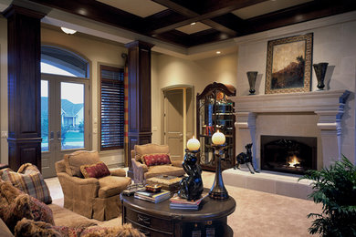 Example of a large classic formal and enclosed carpeted and beige floor living room design in Other with beige walls, a standard fireplace, a tile fireplace and no tv