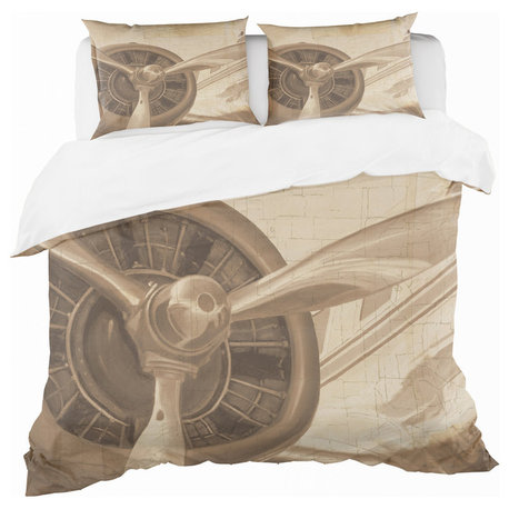 Retro Airplanes Sepia Traditional Duvet Cover Set, Twin