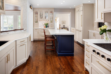 Foto på ett mellanstort eklektiskt vit kök, med en dubbel diskho, luckor med glaspanel, bänkskiva i kvarts, flerfärgad stänkskydd, stänkskydd i marmor, integrerade vitvaror, mörkt trägolv, en köksö och brunt golv