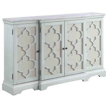 Unique Console Table, 4 Doors With Geometric Carved Ornament Accents, Light Teal