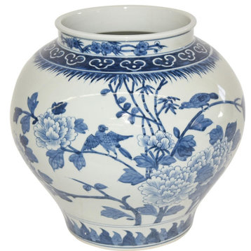 Jar Vase Bird Floral Flower Open Top White Blue Colors May Vary