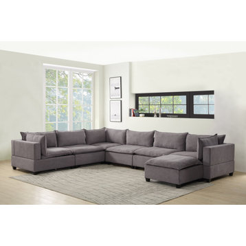 Lilola Home Madison Fabric 7 Piece Modular Sectional Sofa Chaise in Light Gray