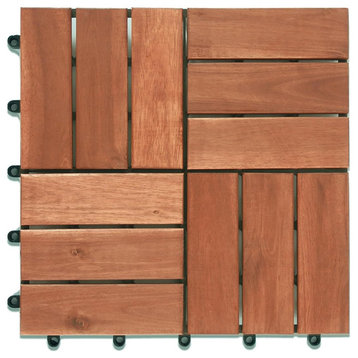 Patio Floor Tiles, 12”x12”, Solid Wood Interlocking, Walnut, Set of 10