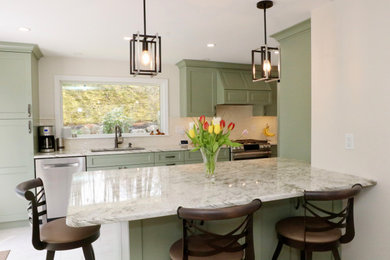 Small transitional galley porcelain tile and white floor eat-in kitchen photo in Boston with a single-bowl sink, shaker cabinets, green cabinets, granite countertops, white backsplash, subway tile backsplash, stainless steel appliances, white countertops and a peninsula