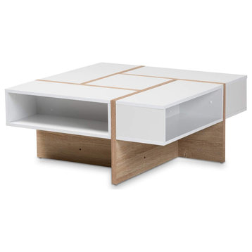 Modern and Contemporary Two-Tone White and Oak Finished Wood Coffee Table