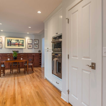 Modern Kitchen with White Flat Panel Shaker Cabinets & Natural Stone Backsplash