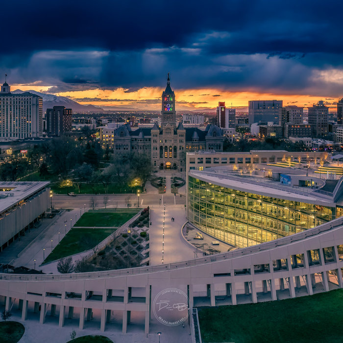 The Salt Lake City Library with the City-County Building behind.