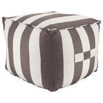 Jaipur Living - Chatham Indoor and Outdoor Striped Gray and White Cuboid Pouf - The Birch Point collection of poufs brings contemporary coastal vibes to both indoor and outdoor spaces. The warm gray and white Chatham pouf features a durable polyester construction, perfect for weather-resistant use. The classic cabana stripe design is versatile and accented with side handles for added detail and function.