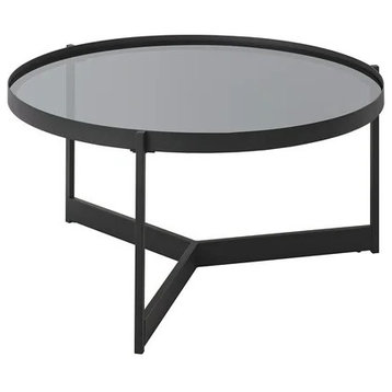 Contemporary Coffee Table, Y-Shaped Black Metal Base and Round Smoked Glass Top