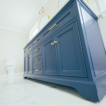 Spacious Storage with a Blue Freestanding Double Vanity