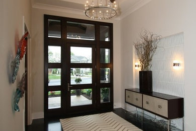 Example of a mid-sized trendy dark wood floor and brown floor entryway design in Indianapolis with beige walls and a dark wood front door