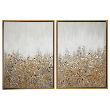 Multimedia White & Gold Abstract Art Paintings with Glitter, Set of 2