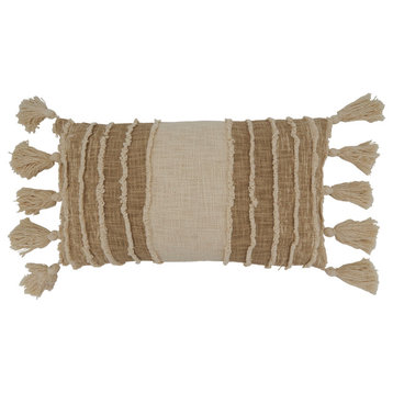 Poly Filled Tassel Edges Striped Throw Pillow With, 12"x20", Ivory