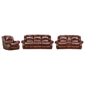 Aspen 100% Genuine Leather 3-Piece Living Room Set, Oxblood
