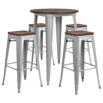 Flash 30" Round Silver Metal Bar Table Set with Wood Top and 4 Backless Stools