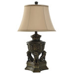 StyleCraft Home Collection - Persian Style Lions Den Table Lamp in Majestic Gold and Round Bell Shade - Lions and leaves adorn the intricate base of this singular table lamp. The majestic gold finish draws attention to every detail of the base and provides a lovely contrast to the cream-colored fabric shade. Sure to stand out in a living room or hallway, this ornate gold table lamp is also perfect for a dining room, bedroom, or office.