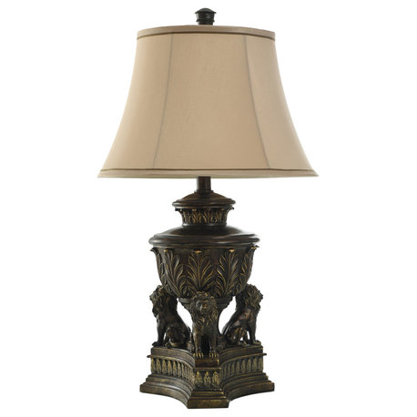 Persian Style Lions Den Table Lamp in Majestic Gold and Round Bell Shade