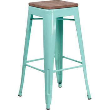 30" High Backless Barstool With Square Wood Seat, Mint Green