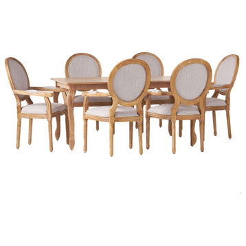 Comisky French Country Fabric Upholstered Wood Expandable 7-Piece Dining Set, Natural Brown/Light Gray