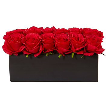Dozen Silk Roses, Ceramic Rectangular Planter, Red