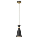 Z-Lite - Soriano One Light Mini Pendant, Matte Black / Heritage Brass - A decorative silhouette shapes industrial influence that adds casual elegance to this matte black finish metal mini-pendant. Dress up a compact space or nook with this tasteful fixture trimmed with heritage brass finish steel. This sleek mini-pendant captures the heart of romantic industrial charm.