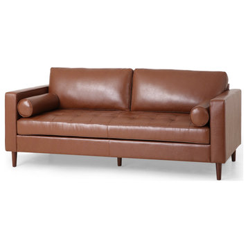 Retro Modern Sofa, Tufted Faux Leather Seat & Rolled Accent Pillows, Cognac Brown